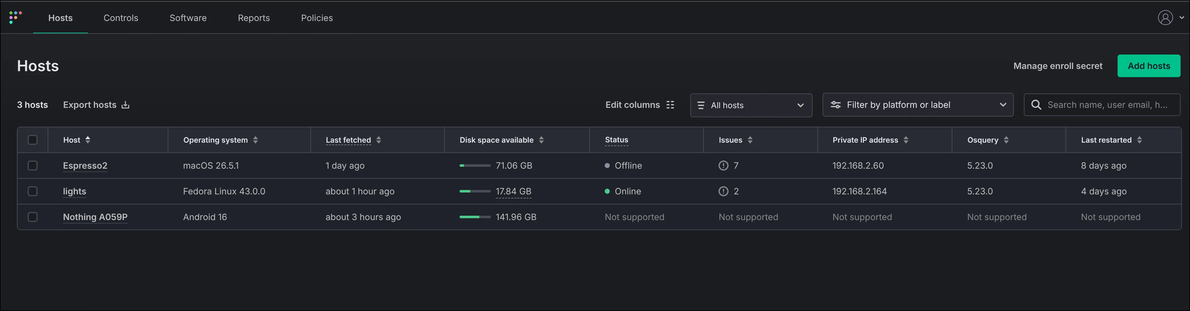 Hosts list — laptops/servers and an Android device reporting in