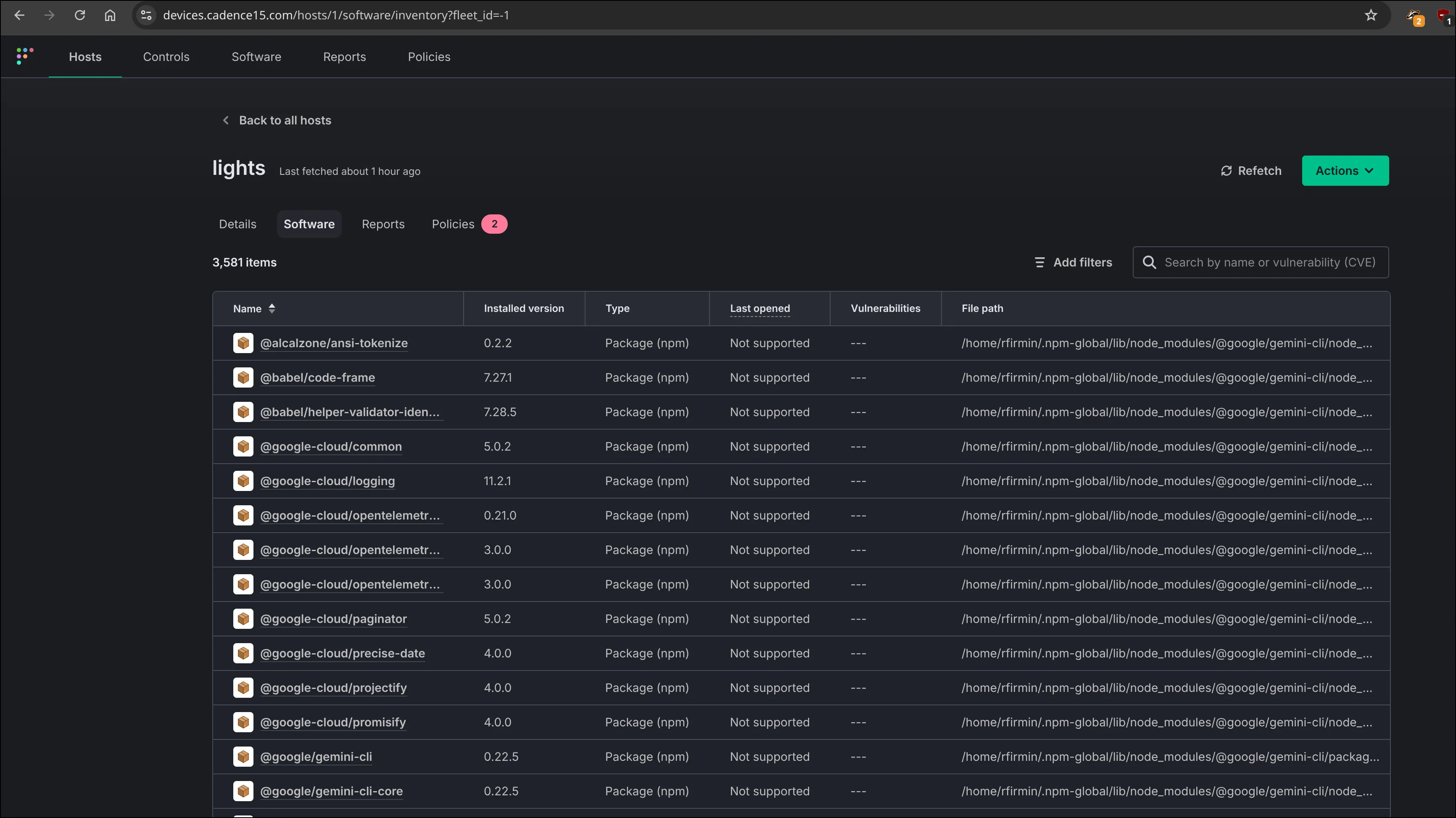 Host detail — software inventory