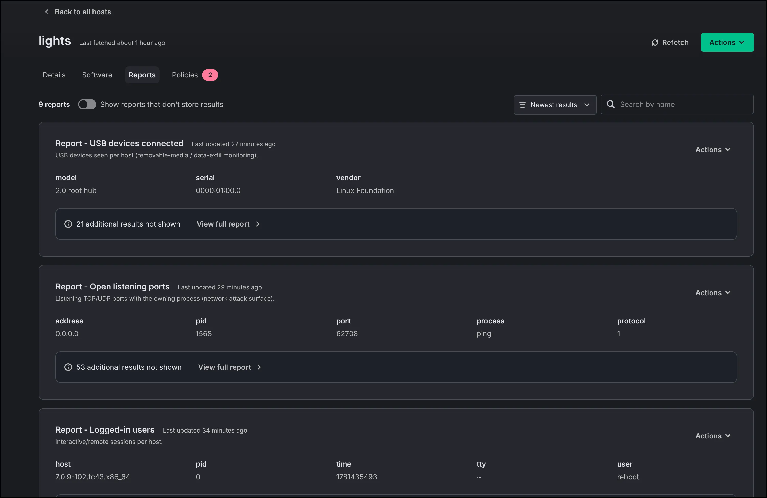 Host detail — reports: USB devices, open ports, logged-in users