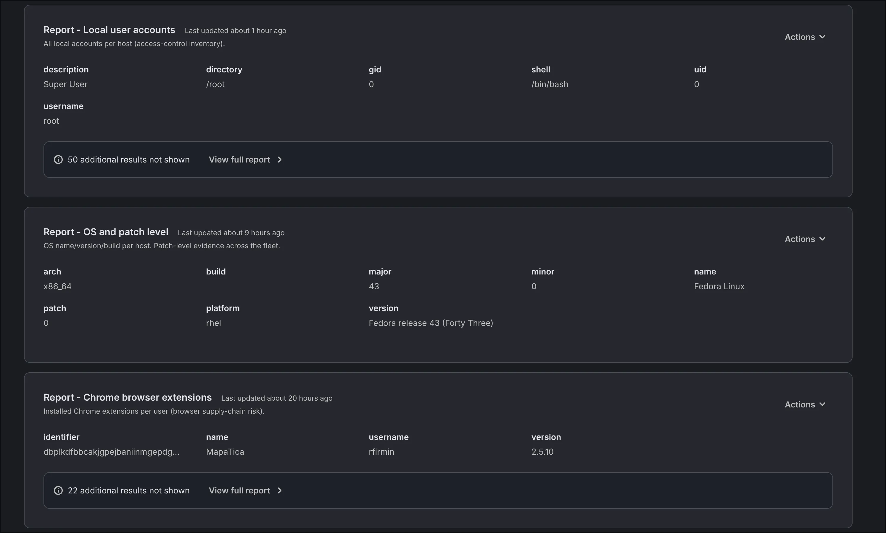Host detail — reports: local accounts, OS/patch level, Chrome extensions