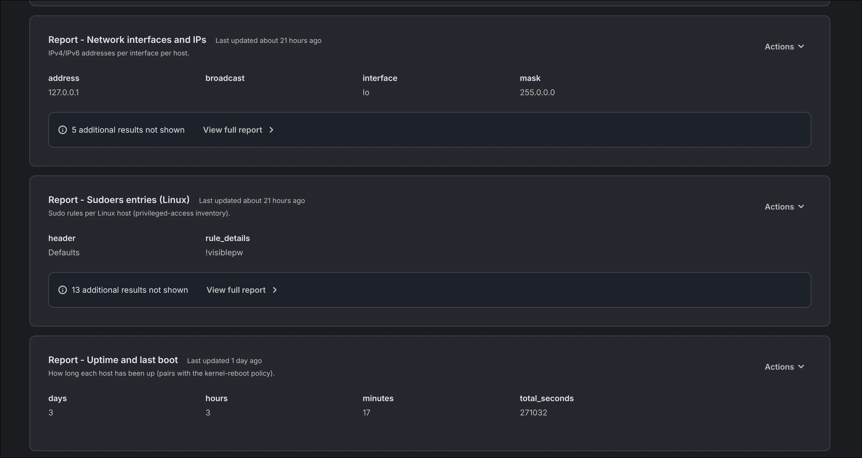 Host detail — reports: network interfaces, sudoers, uptime